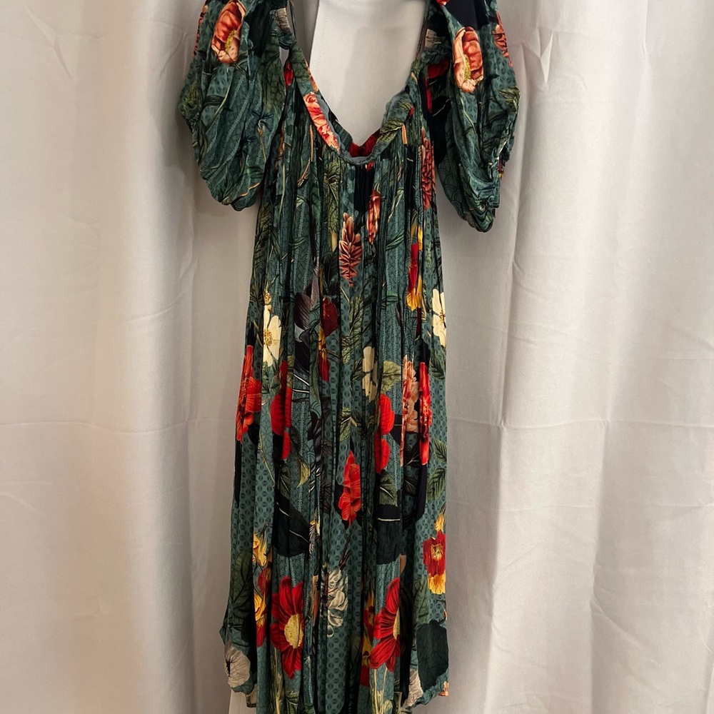 Anthropologie Green and Red Floral High Low Dress